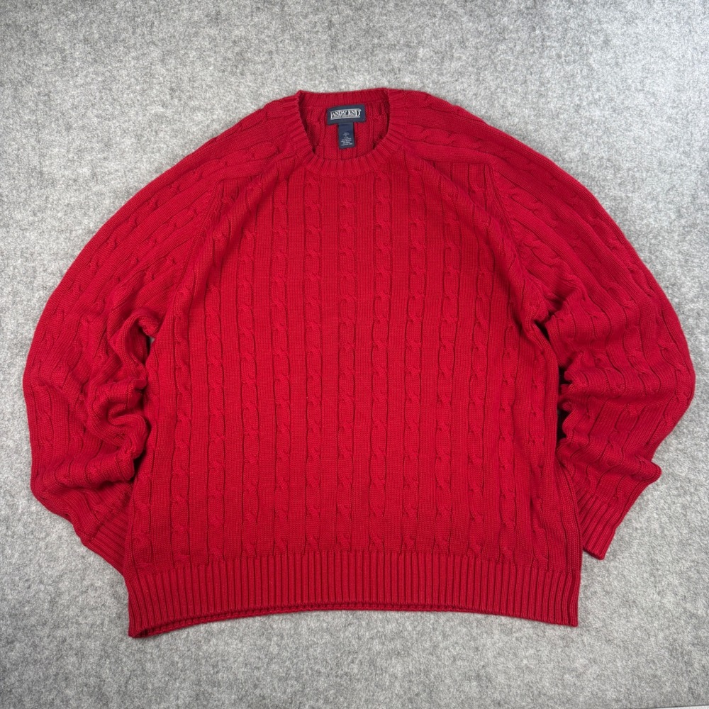 Lands End Vintage Made in USA Red Cable Knit Cotton Sweater Mens XL 46-48
